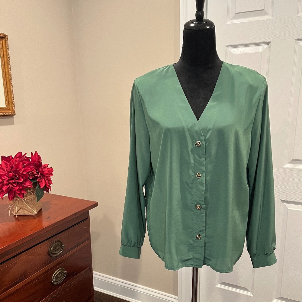 Jack Mulqueen Forest Green V-Neck Button Up Blouse L